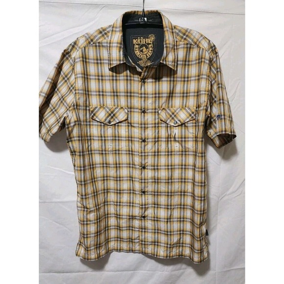 Kuhl Mens Shirt Medium M Button Up Short Sleeve Plaid Orange Outdoor - Picture 1 of 8